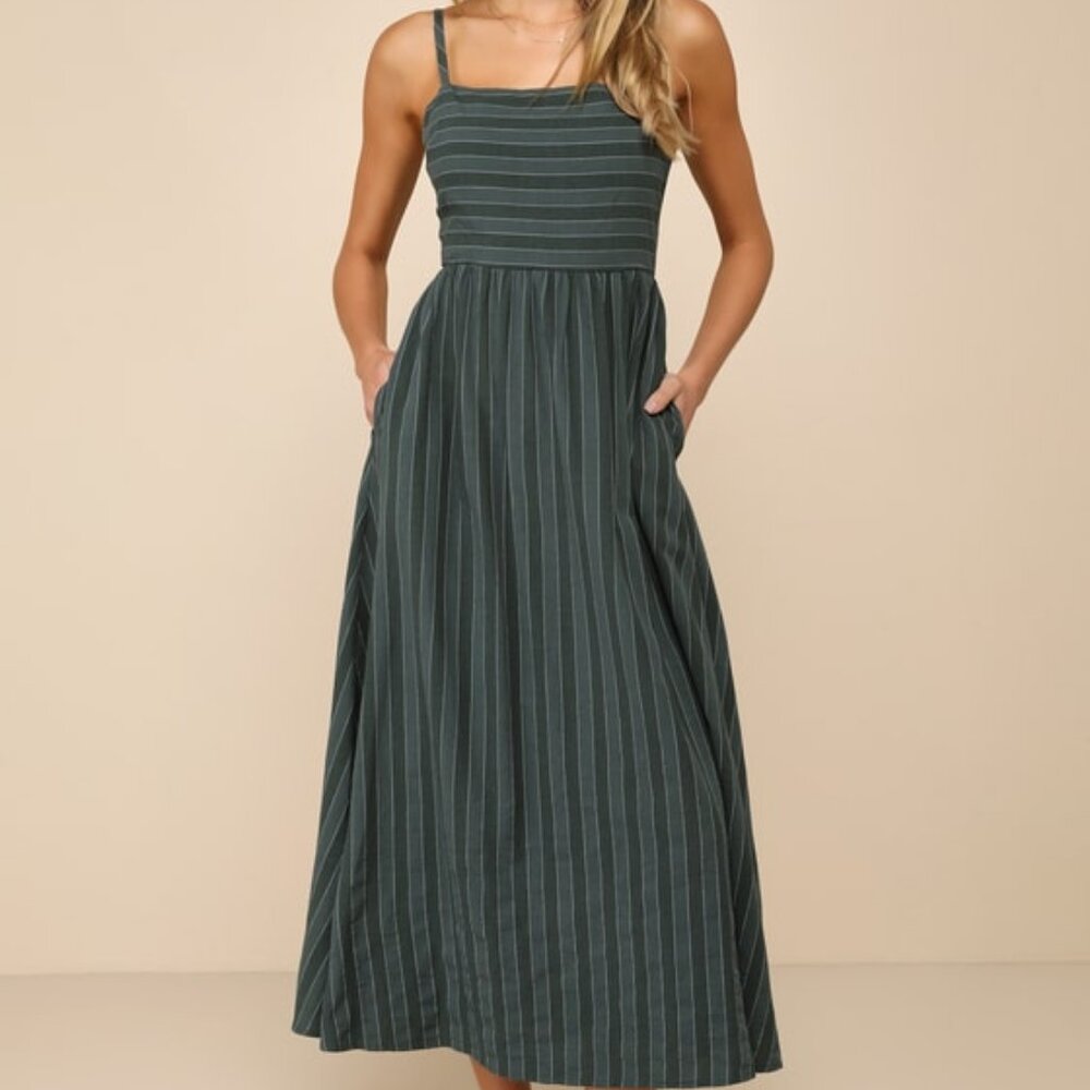 Lulus Feeling The Best Green Striped Tie-back Midi Dress With Pockets - Size S